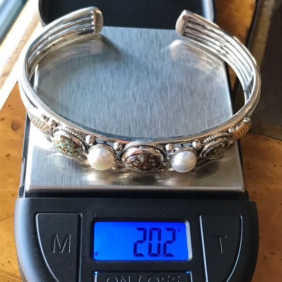 Royston Blue Horizon Turquoise White Pearl Sterling Silver Cuff Bracelet - Picture 3 of 7